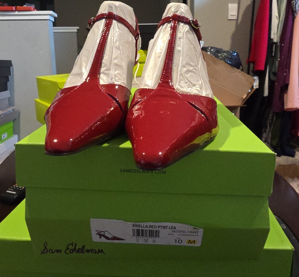 Sam Edelman Red Patent Leather T-Strap Pointed Flats - Picture 4 of 12